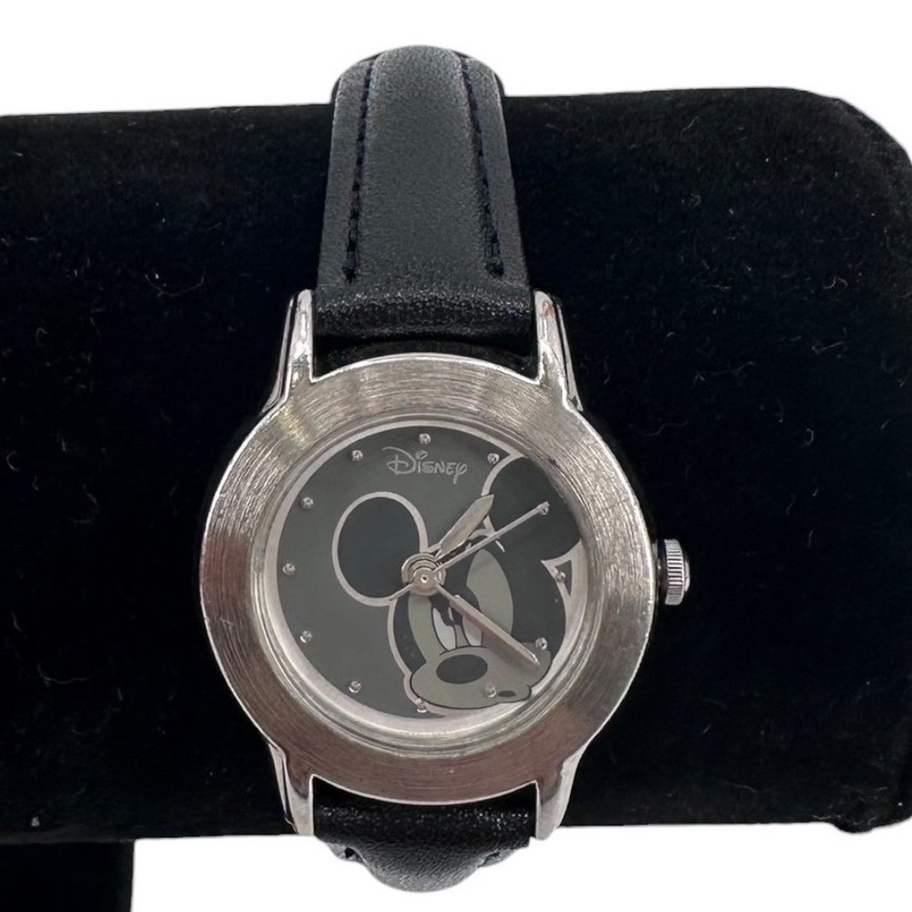 Vintage Disney Thinking Mickey Women Watch Seiko SII Black Leather Band Working